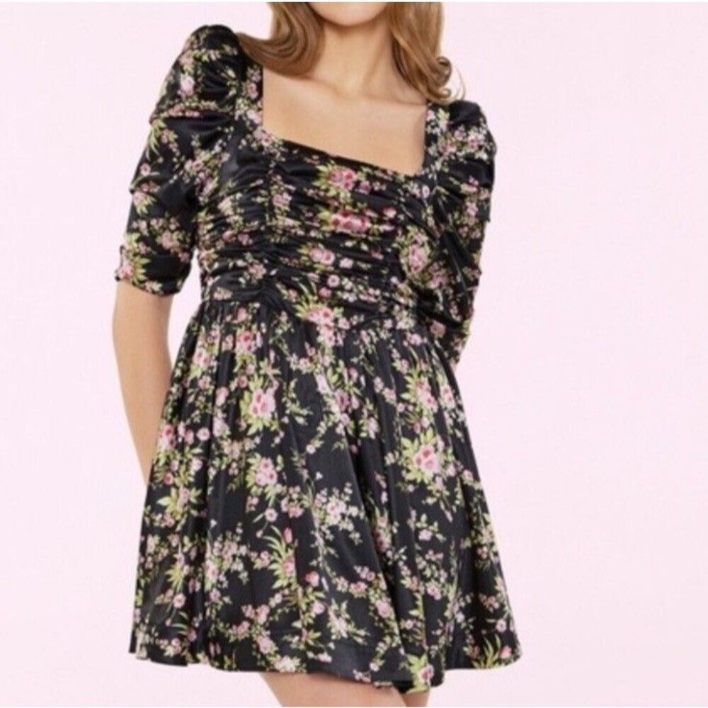 Likely Brandie Black Floral Mini Dress Puff  Sleeves Sz 8 Floral Bridgerton 182​